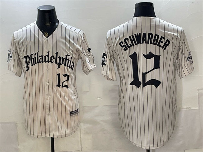 Philadelphia Phillies #12 Kyle Schwarber Cream RONA Pinstripe Gothic Vapor Limited Stitched Jersey