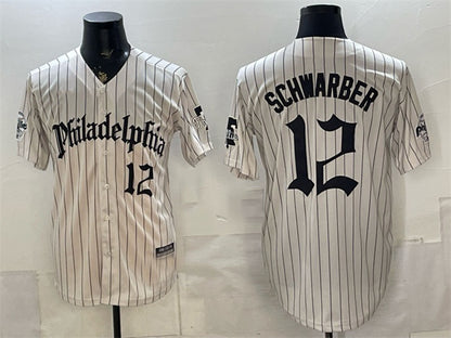 Philadelphia Phillies #12 Kyle Schwarber Cream RONA Pinstripe Gothic Vapor Limited Stitched Jersey