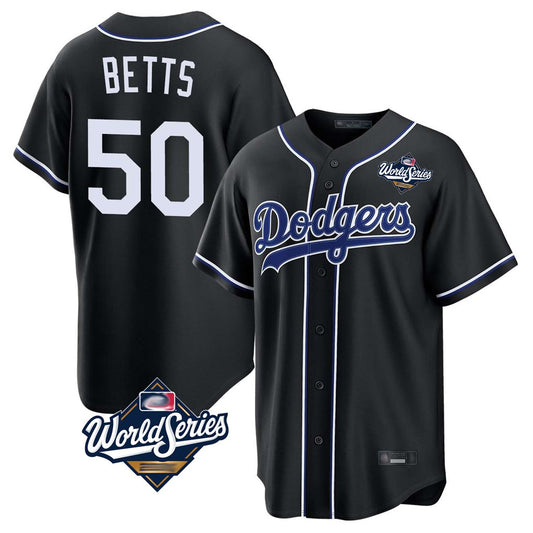 Los Angeles Dodgers #50 Mookie Betts Player Black RONA World Series Carbon Limited Home Stitched Jerseys