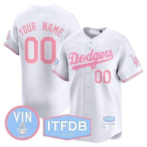 Custom Los Angeles Dodgers Vin ITFDB Patch Bubblegum Pink Vapor Premier Limited Jersey ¨C White RONA