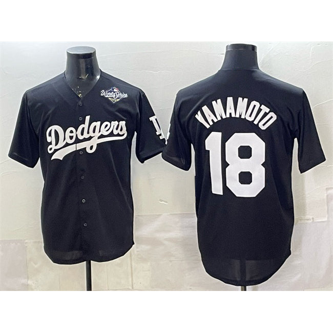 Los Angeles Dodgers #18 Yoshinobu Yamamoto Black RONA 2025 World Series Patch Cool Base Stitched Jersey