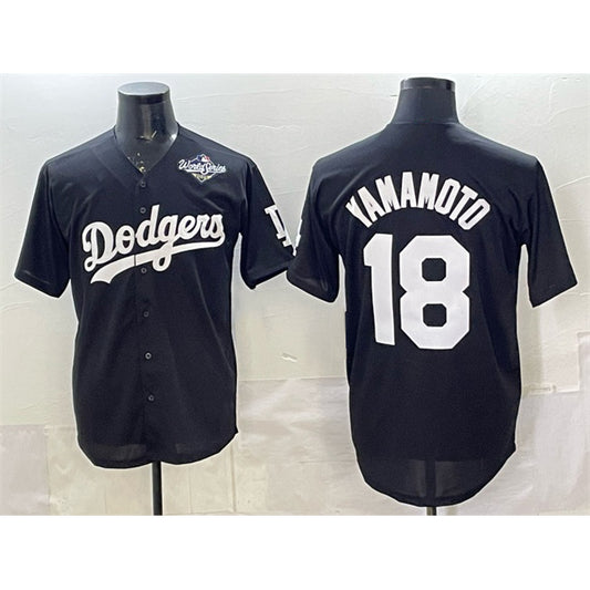 Los Angeles Dodgers #18 Yoshinobu Yamamoto Black RONA 2025 World Series Patch Cool Base Stitched Jersey