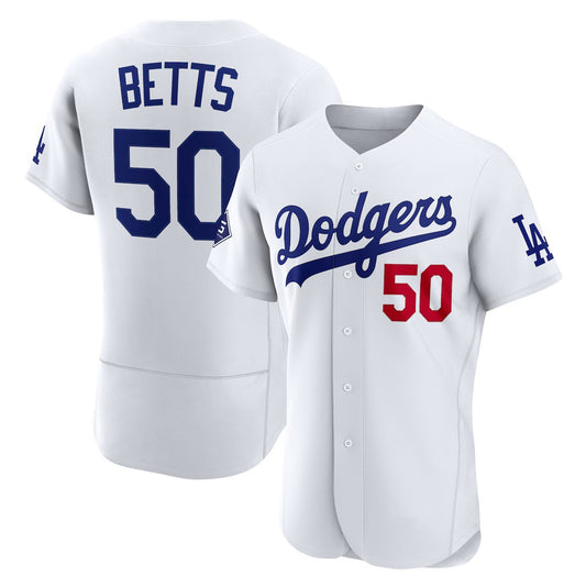 Los Angeles Dodgers #50 Mookie Betts White RONA Home Authentic Sponsor Patch Jersey