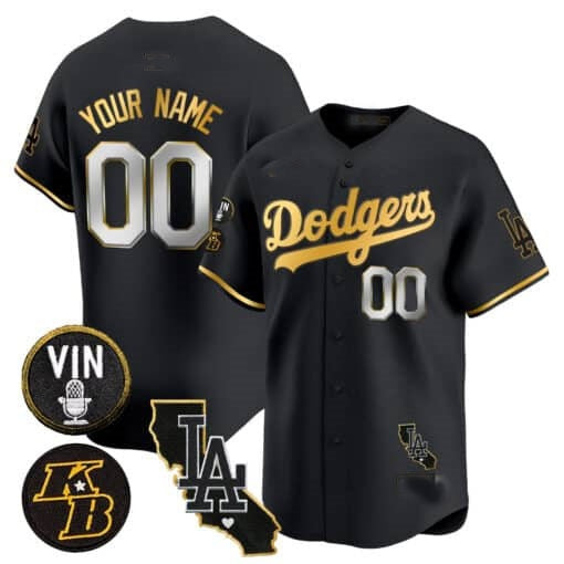 Custom Los Angeles Dodgers Vin Patch & Kobe Bryant Gold Trim Vapor Premier Limited Jersey V2 ¨C All Stitched-Black RONA