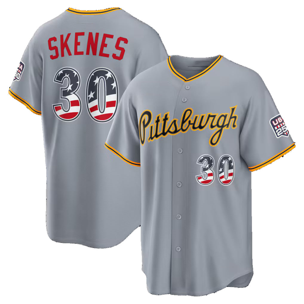 Pittsburgh Pirates #30 Paul Skenes USA 250 Fourth of July Road Stadium Jersey - Gray RONA