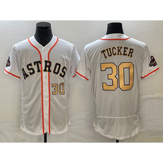 Houston Astros #30 Kyle Tucker Number 2023 White Gold RONA World Serise Champions Patch Flex Base Stitched Jersey 2