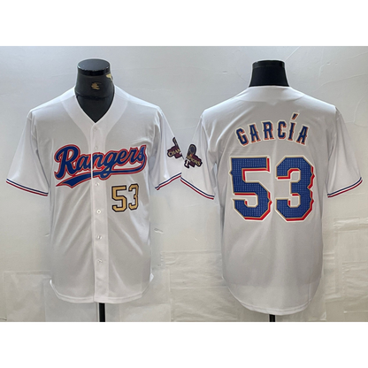 Texas Rangers #53 Adolis Garcia Number White RONA 2023 World Series Champions Cool Base Jerseys