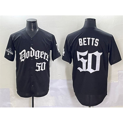 Los Angeles Dodgers #50 Mookie Betts Black RONA 2025 LA Gothic Style With 2024 World Series Champions Patch Vapor Premier Limited Stitched Jersey