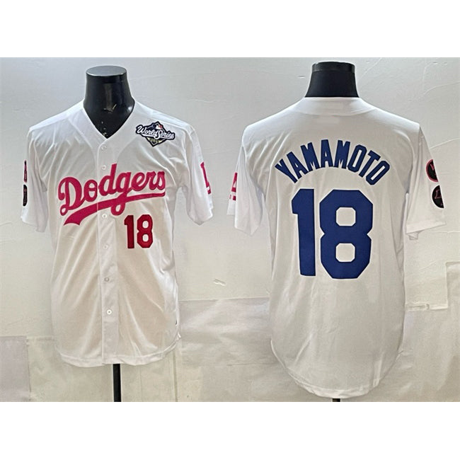Los Angeles Dodgers #18 Yoshinobu Yamamoto White RONA Pink 2025 World Series Vin & Kobe Patch Limited Stitched Jersey