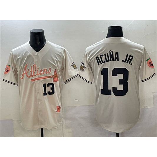 Atlanta Braves #13 Ronald Acu?a Jr. Cream RONA 2024 Atliens & Peach With Outkast Patch Vapor Limited Stitched Jersey