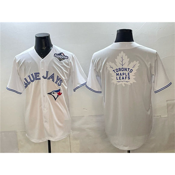 Toronto Blue Jays & Leafs White RONA 2025 World Series With White Leafs Logo Cool Base Stitched Jersey