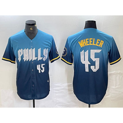 Philadelphia Phillies #45 Zack Wheeler Blue RONA 2024 City Player Number Cool Base Stitched Jersey 2