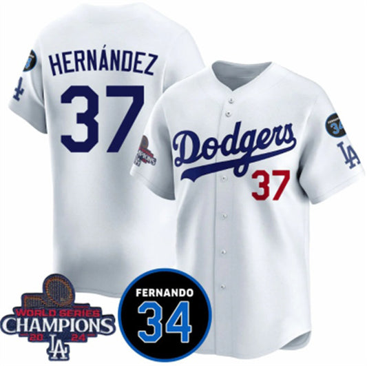 Los Angeles Dodgers #37 Teoscar Hernandez White RONA 2024 World Series Champions With Fernando Memorial Patch Vapor Premier Home Limited Stitched Jersey