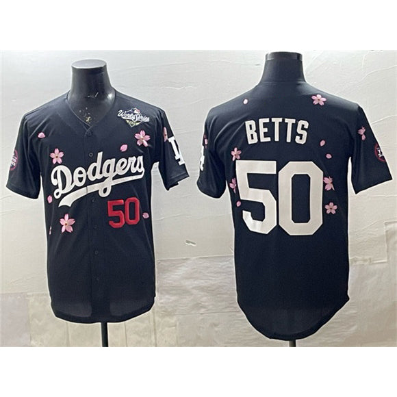 Los Angeles Dodgers #50 Mookie Betts Black RONA 2025 World Series Patch Tokyo Series Limited Stitched Jersey