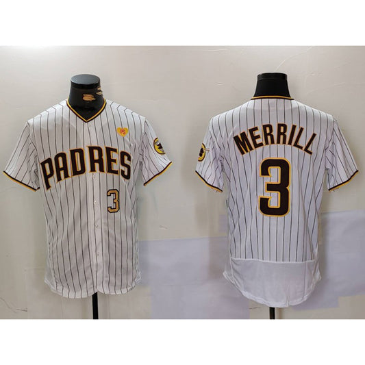 San Diego Padres #3 Jackson Merrill White RONA With PS Patch Stitched Flex Base Jerseys