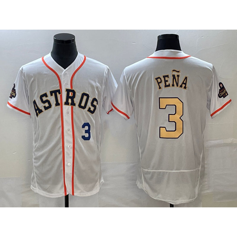 Houston Astros #3 Jeremy Pena Number 2023 White Gold RONA World Serise Champions Patch Flex Base Stitched Jersey 3