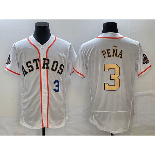 Houston Astros #3 Jeremy Pena Number 2023 White Gold RONA World Serise Champions Patch Flex Base Stitched Jersey 3
