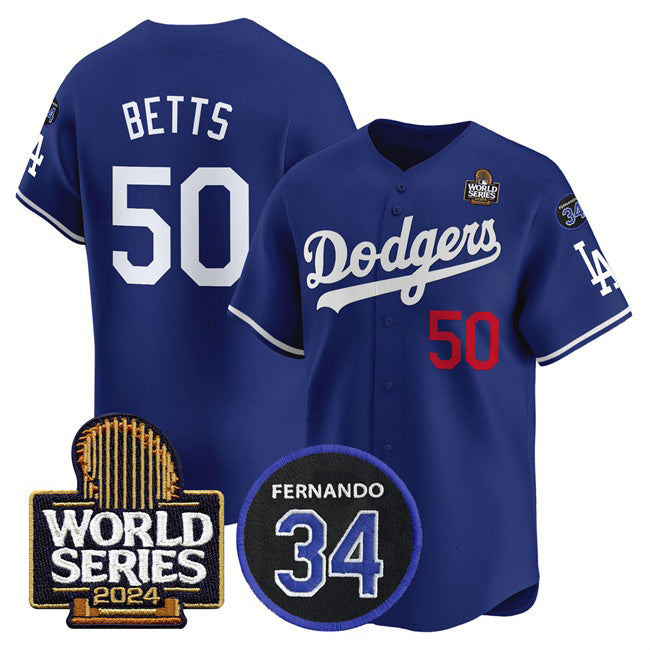 Los Angeles Dodgers #50 Mookie Betts Royal RONA 2024 World Series With Fernando Memorial Patch Limited Stitched Jersey