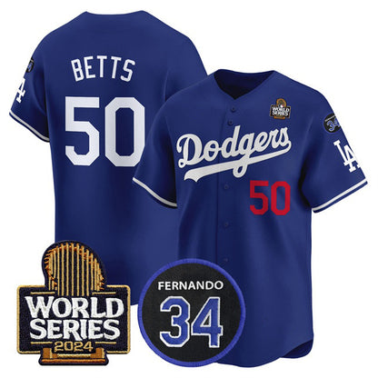 Los Angeles Dodgers #50 Mookie Betts Royal RONA 2024 World Series With Fernando Memorial Patch Limited Stitched Jersey