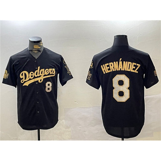 Los Angeles Dodgers #8 Enrique Hern¨¢ndez Black Gold RONA 2024 World Series With Fernando Memorial Patch Home Limited Stitched Jersey