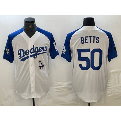 Los Angeles Dodgers #50 Mookie Betts White RONA Blue Fashion Stitched Cool Base Limited Jersey 2