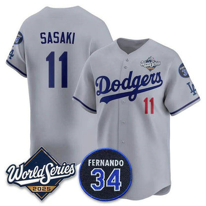Los Angeles Dodgers #11 R¨­ki Sasaki Gray RONA 2025 World Series With No. 34 Patch Limited Stitched Jersey