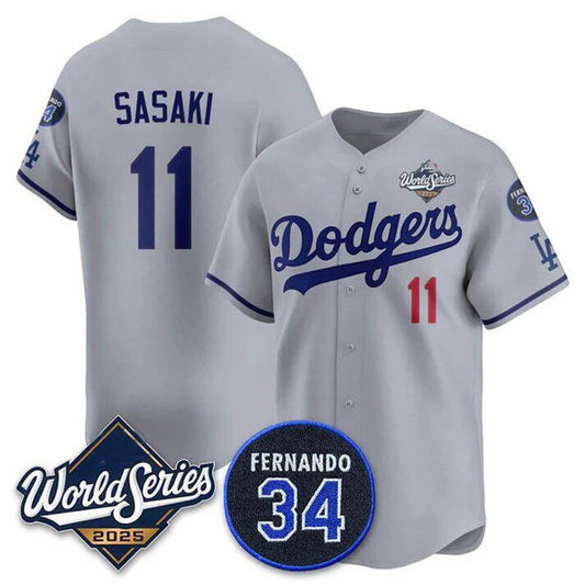 Los Angeles Dodgers #11 R¨­ki Sasaki Gray RONA 2025 World Series With No. 34 Patch Limited Stitched Jersey