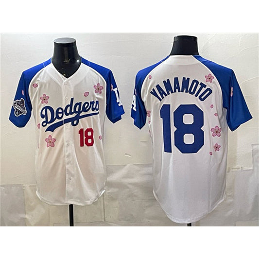 Los Angeles Dodgers #18 Yoshinobu Yamamoto White Royal RONA 2025 World Series Champions Patch Tokyo Series Limited Stitched Jersey