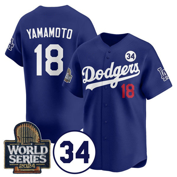 Los Angeles Dodgers #18 Yoshinobu Yamamoto Royal RONA 2024 World Series With No. 34 Patch Cool Base Stitched Jersey