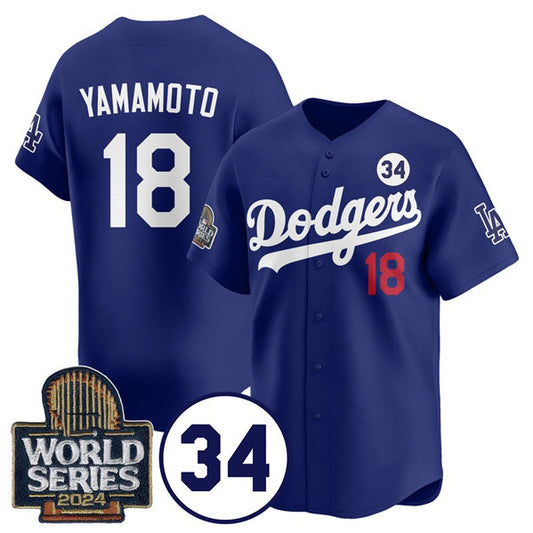 Los Angeles Dodgers #18 Yoshinobu Yamamoto Royal RONA 2024 World Series With No. 34 Patch Cool Base Stitched Jersey