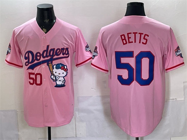 Los Angeles Dodgers #50 Mookie Betts Pink RONA Hello Kitty Night 2025 World Series Champions Patch Stitched Jersey