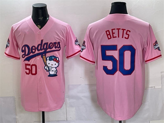 Los Angeles Dodgers #50 Mookie Betts Pink RONA Hello Kitty Night 2025 World Series Champions Patch Stitched Jersey