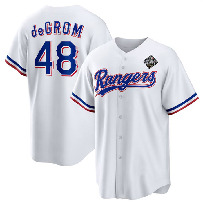 Texas Rangers #48 Jacob DeGrom White RONA 2023 World Series Cool Base Stitched Jersey