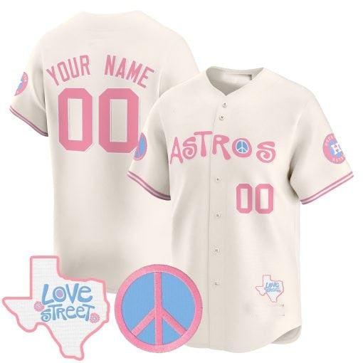 Custom Houston Astros  Love Street & Peace Sign Patch Bubblegum Pink Vapor Premier Limited Jersey ¨C All Stitched-Cream RONA