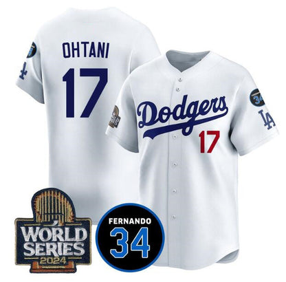 Los Angeles Dodgers #17 Shohei Ohtani White RONA 2024 World Series With Fernando Memorial Patch Limited Stitched Jersey