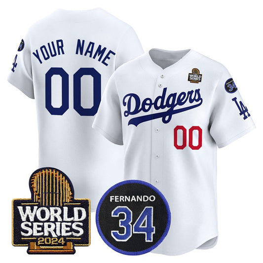 Custom Los Angeles Dodgers ACTIVE PLAYER White RONA 2024 World Series With Fernando Memorial Patch Limited Stitched Jersey
