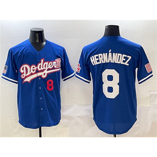 Los Angeles Dodgers #8 Enrique Hern¨¢ndez Royal RONA With American Flag Patch Limited Stitched Jersey