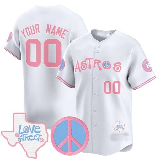 Custom Houston Astros  Love Street & Peace Sign Patch Bubblegum Pink Vapor Premier Limited Jersey ¨C White RONA