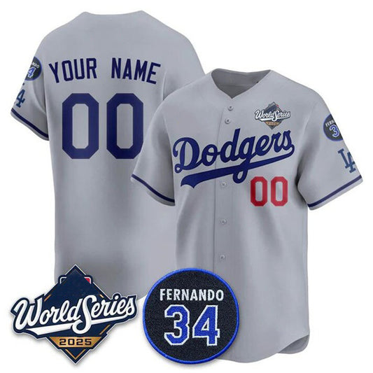 Custom Los Angeles Dodgers ACTIVE PLAYER Gray RONA 2025 World Series With No. 34 Patch Limited Stitched Jersey