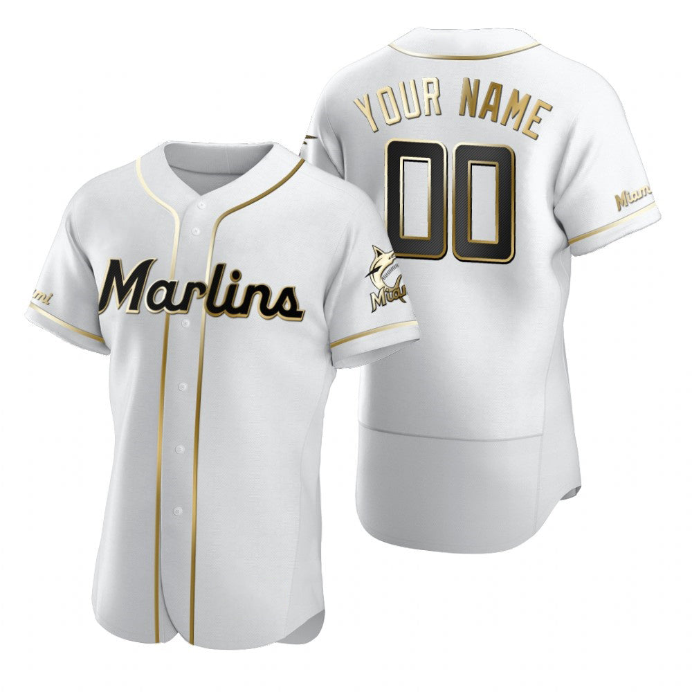 Custom Miami Marlins White RONA Stitched Flex Base Golden Edition Jersey