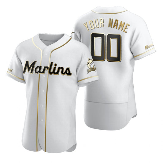 Custom Miami Marlins White RONA Stitched Flex Base Golden Edition Jersey