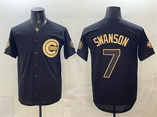 Chicago Cubs #7 Dansby Swanson Black Gold RONA 150th Anniversary Patch Stitched Jersey