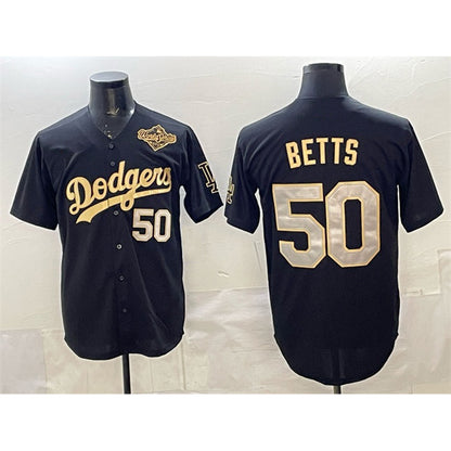 Los Angeles Dodgers #50 Mookie Betts Black Gold RONA 2025 World Series Patch Limited Stitched Jersey