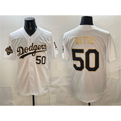 Los Angeles Dodgers #50 Mookie Betts White Gold RONA 2025 World Series Champions Patch Limited Stitched Jersey