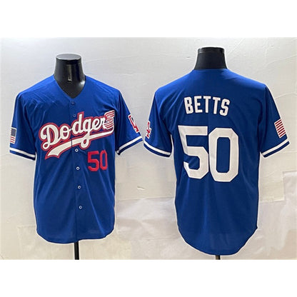 Los Angeles Dodgers #50 Mookie Betts Royal RONA With American Flag Patch Limited Stitched Jersey
