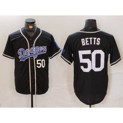 Los Angeles Dodgers #50 Mookie Betts Number Black RONA White Cool Base Stitched Jerseys
