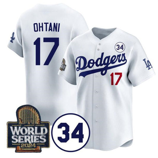 Los Angeles Dodgers #17 Shohei Ohtani White RONA 2024 World Series With No. 34 Patch Limited Stitched Jersey