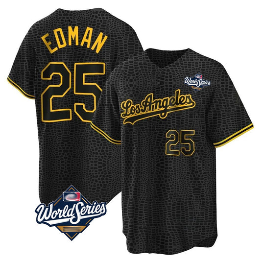Los Angeles Dodgers #25 Tommy Edman Player Black RONA World Series Snake Skin City Game Home Stitched Jerseys