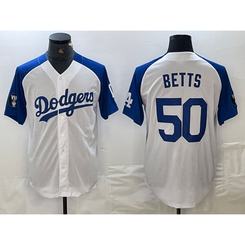 Los Angeles Dodgers #50 Mookie Betts White Blue RONA Fashion Stitched Cool Base Limited Jerseys