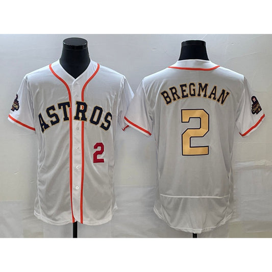 Houston Astros #2 Alex Bregman Number 2023 White Gold RONA World Serise Champions Patch Flex Base Stitched Jersey 2